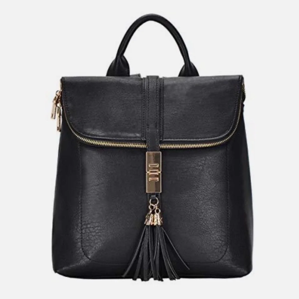 Miztique Black Diana Vegan Leather Backpack Tassel Gold Hardware Large Travel